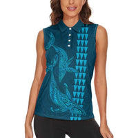 Aloha Hawaii Whale Kakau and Polynesian Tattoo Women Sleeveless Polo Shirt Light Blue Color LT03 - Polynesian Pride