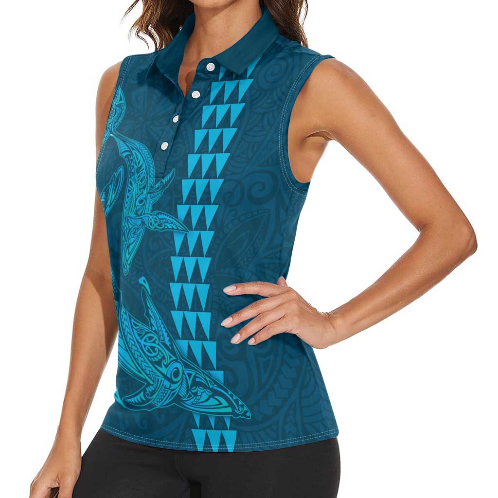 Aloha Hawaii Whale Kakau and Polynesian Tattoo Women Sleeveless Polo Shirt Light Blue Color LT03 - Polynesian Pride