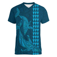 Aloha Hawaii Whale Kakau and Polynesian Tattoo Women V-Neck T-Shirt Light Blue Color LT03 Female Light Blue - Polynesian Pride