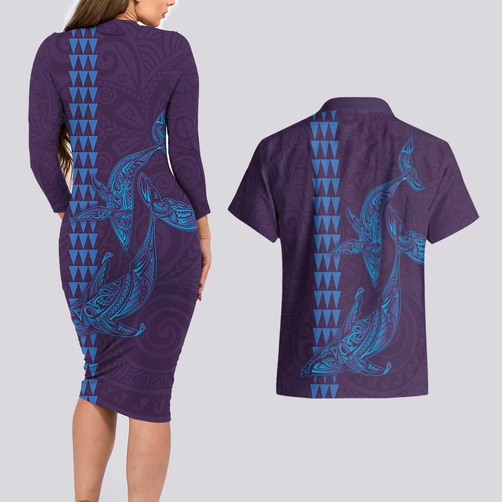 Aloha Hawaii Whale Kakau and Polynesian Tattoo Couples Matching Long Sleeve Bodycon Dress and Hawaiian Shirt Purple Color LT03 - Polynesian Pride