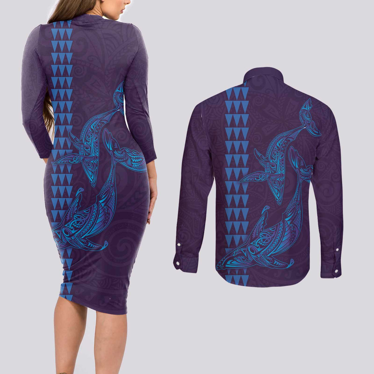 Aloha Hawaii Whale Kakau and Polynesian Tattoo Couples Matching Long Sleeve Bodycon Dress and Long Sleeve Button Shirt Purple Color LT03 - Polynesian Pride