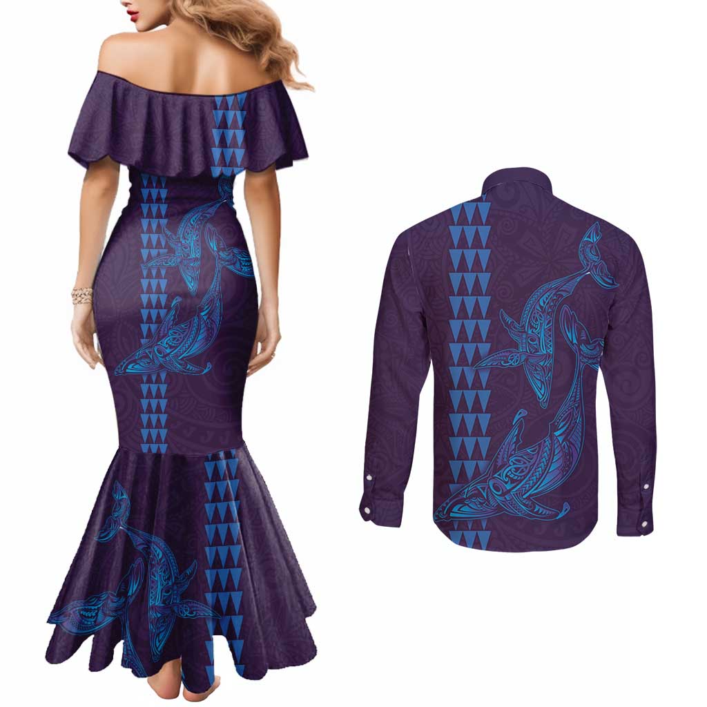 Aloha Hawaii Whale Kakau and Polynesian Tattoo Couples Matching Mermaid Dress and Long Sleeve Button Shirt Purple Color LT03 - Polynesian Pride