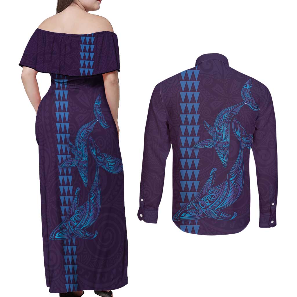 Aloha Hawaii Whale Kakau and Polynesian Tattoo Couples Matching Off Shoulder Maxi Dress and Long Sleeve Button Shirt Purple Color LT03 - Polynesian Pride