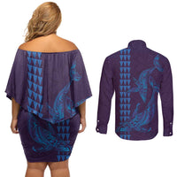 Aloha Hawaii Whale Kakau and Polynesian Tattoo Couples Matching Off Shoulder Short Dress and Long Sleeve Button Shirt Purple Color LT03 - Polynesian Pride
