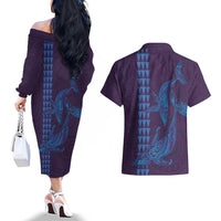 Aloha Hawaii Whale Kakau and Polynesian Tattoo Couples Matching Off The Shoulder Long Sleeve Dress and Hawaiian Shirt Purple Color LT03 - Polynesian Pride