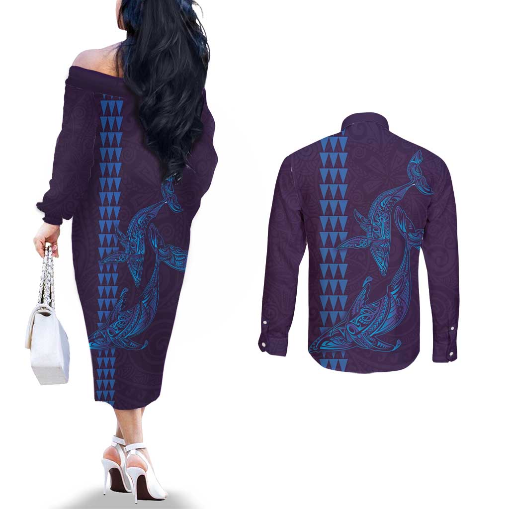 Aloha Hawaii Whale Kakau and Polynesian Tattoo Couples Matching Off The Shoulder Long Sleeve Dress and Long Sleeve Button Shirt Purple Color LT03 - Polynesian Pride