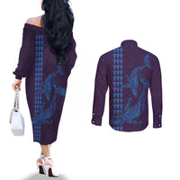 Aloha Hawaii Whale Kakau and Polynesian Tattoo Couples Matching Off The Shoulder Long Sleeve Dress and Long Sleeve Button Shirt Purple Color LT03 - Polynesian Pride