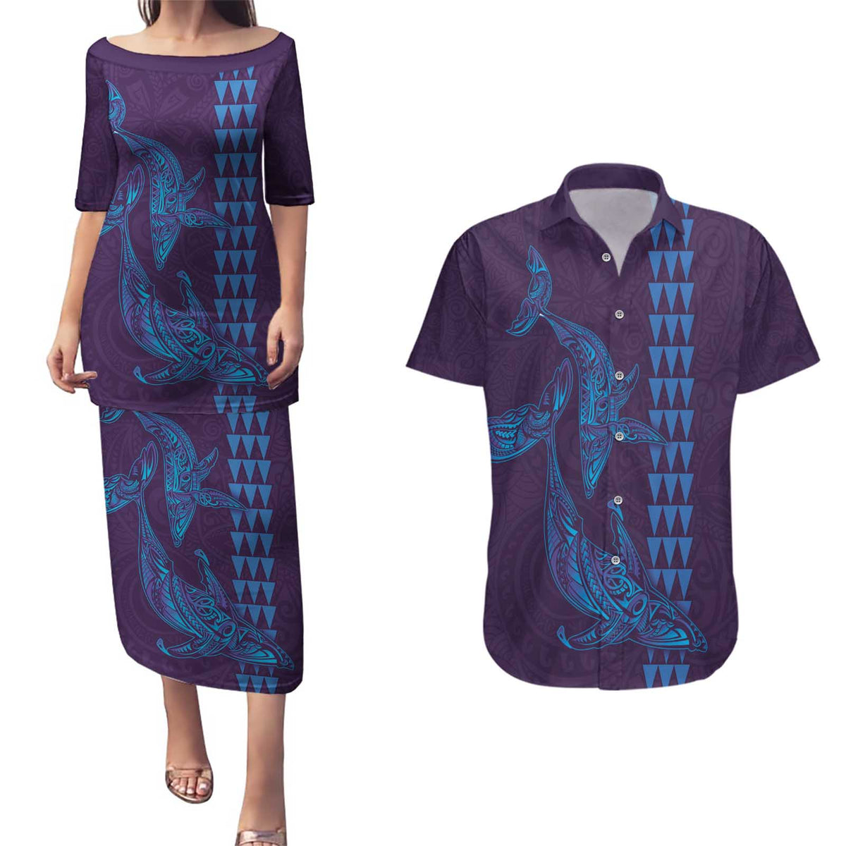 Aloha Hawaii Whale Kakau and Polynesian Tattoo Couples Matching Puletasi and Hawaiian Shirt Purple Color LT03 Purple - Polynesian Pride