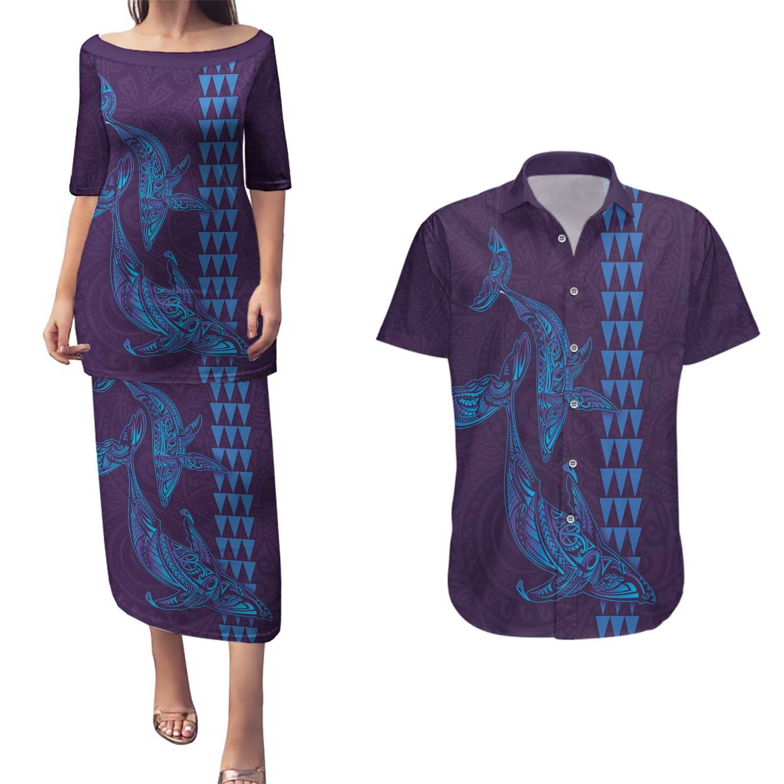 Aloha Hawaii Whale Kakau and Polynesian Tattoo Couples Matching Puletasi and Hawaiian Shirt Purple Color