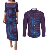 Aloha Hawaii Whale Kakau and Polynesian Tattoo Couples Matching Puletasi and Long Sleeve Button Shirt Purple Color LT03 Purple - Polynesian Pride
