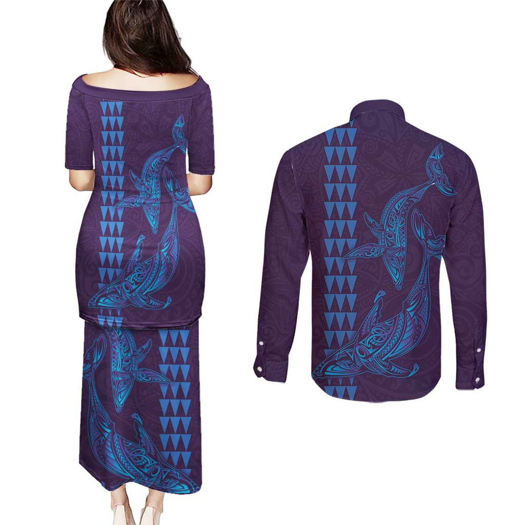Aloha Hawaii Whale Kakau and Polynesian Tattoo Couples Matching Puletasi and Long Sleeve Button Shirt Purple Color LT03 - Polynesian Pride