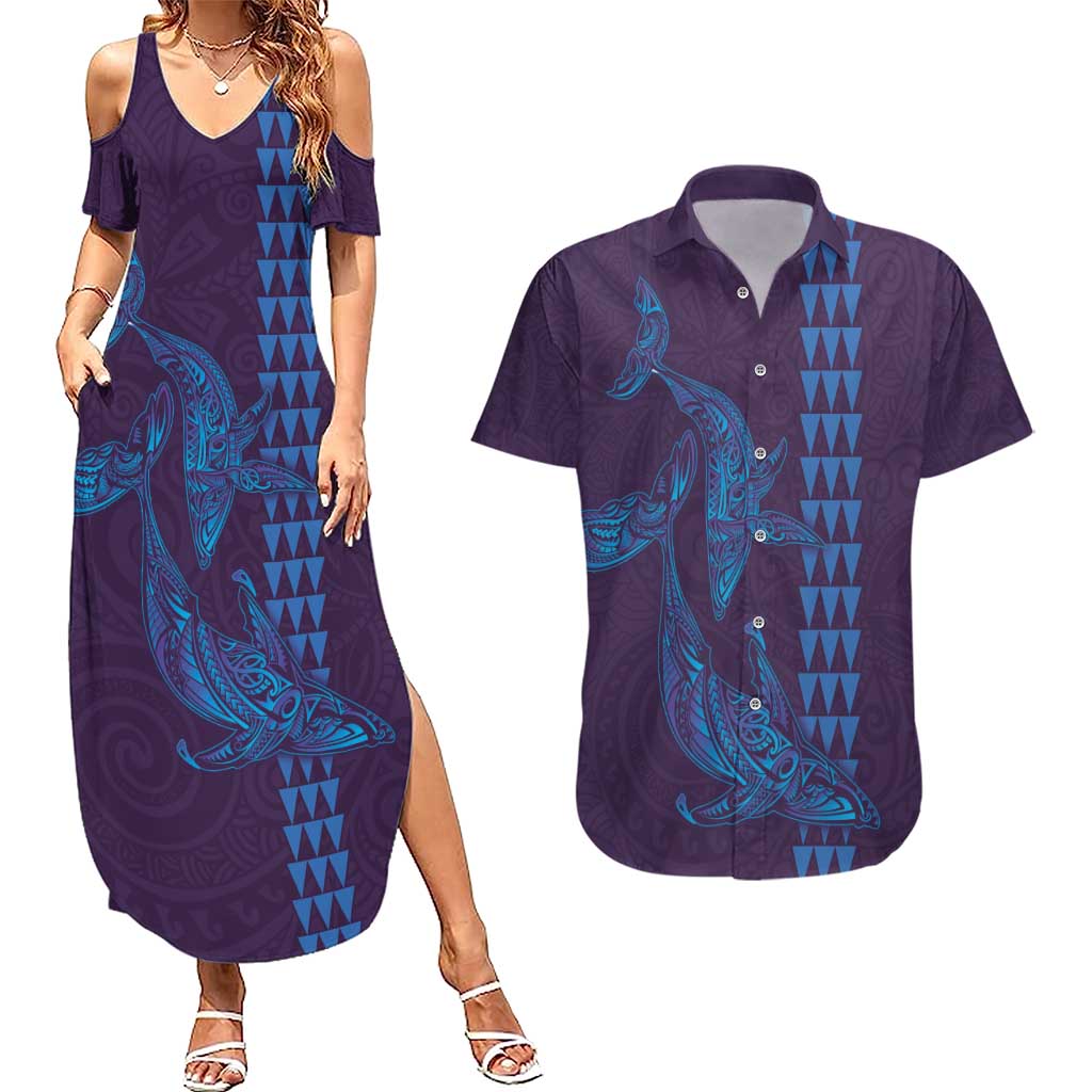 Aloha Hawaii Whale Kakau and Polynesian Tattoo Couples Matching Summer Maxi Dress and Hawaiian Shirt Purple Color LT03 Purple - Polynesian Pride