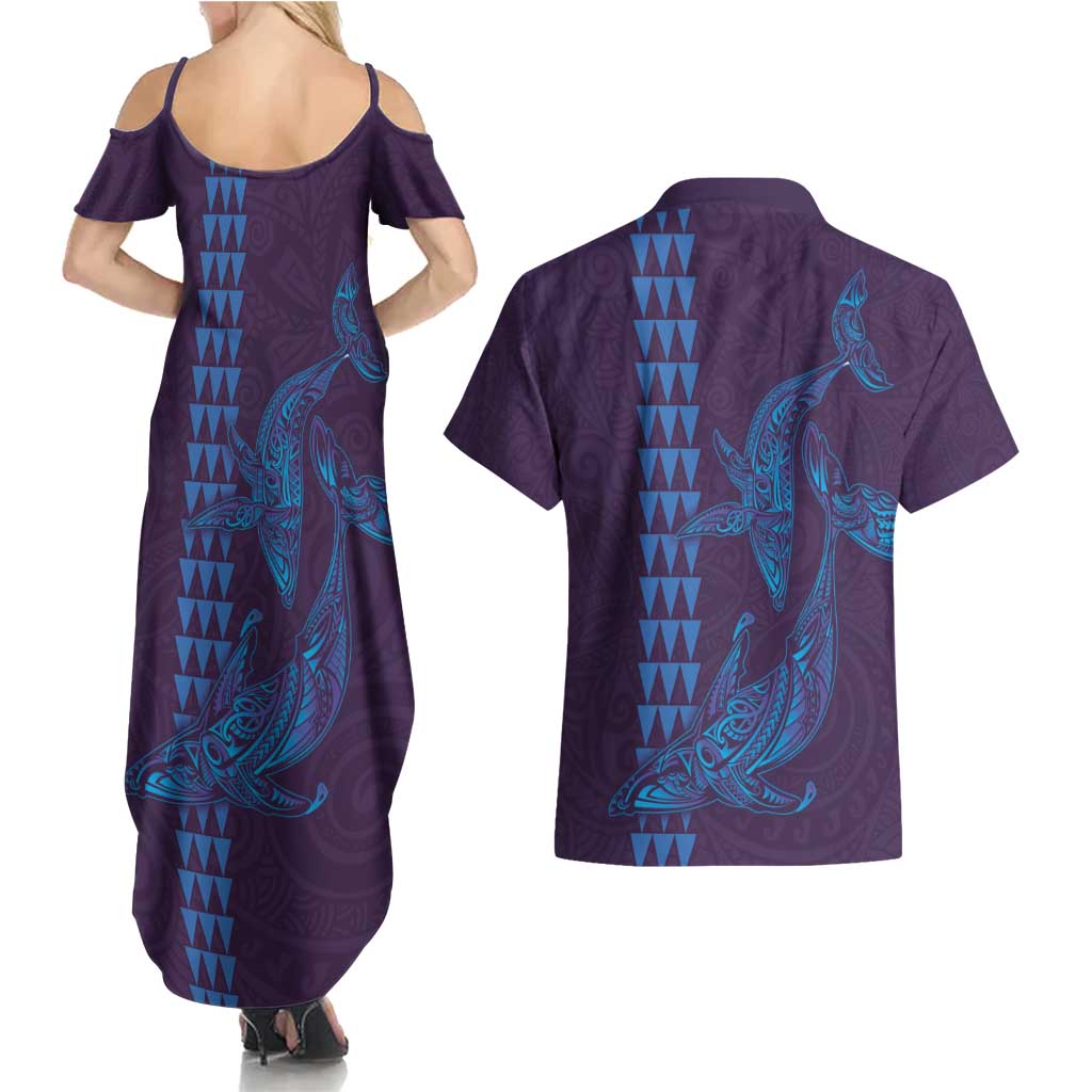 Aloha Hawaii Whale Kakau and Polynesian Tattoo Couples Matching Summer Maxi Dress and Hawaiian Shirt Purple Color LT03 - Polynesian Pride