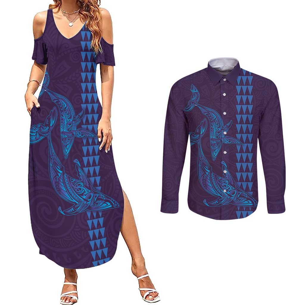 Aloha Hawaii Whale Kakau and Polynesian Tattoo Couples Matching Summer Maxi Dress and Long Sleeve Button Shirt Purple Color LT03 Purple - Polynesian Pride