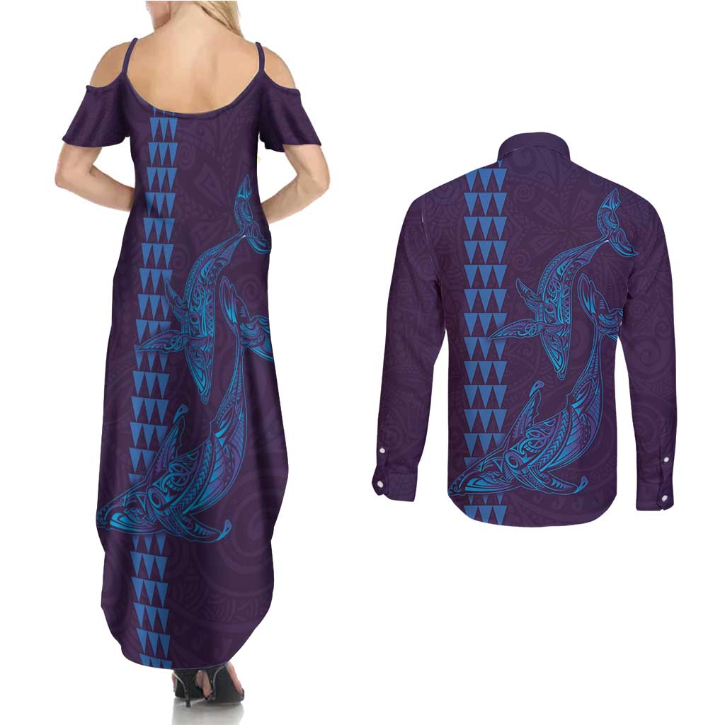 Aloha Hawaii Whale Kakau and Polynesian Tattoo Couples Matching Summer Maxi Dress and Long Sleeve Button Shirt Purple Color LT03 - Polynesian Pride