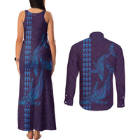 Aloha Hawaii Whale Kakau and Polynesian Tattoo Couples Matching Tank Maxi Dress and Long Sleeve Button Shirt Purple Color LT03 - Polynesian Pride