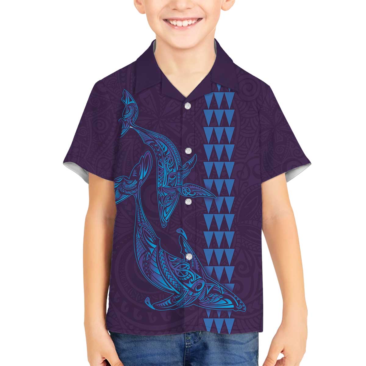 Aloha Hawaii Whale Kakau and Polynesian Tattoo Family Matching Off The Shoulder Long Sleeve Dress and Hawaiian Shirt Purple Color LT03 Son's Shirt Purple - Polynesian Pride