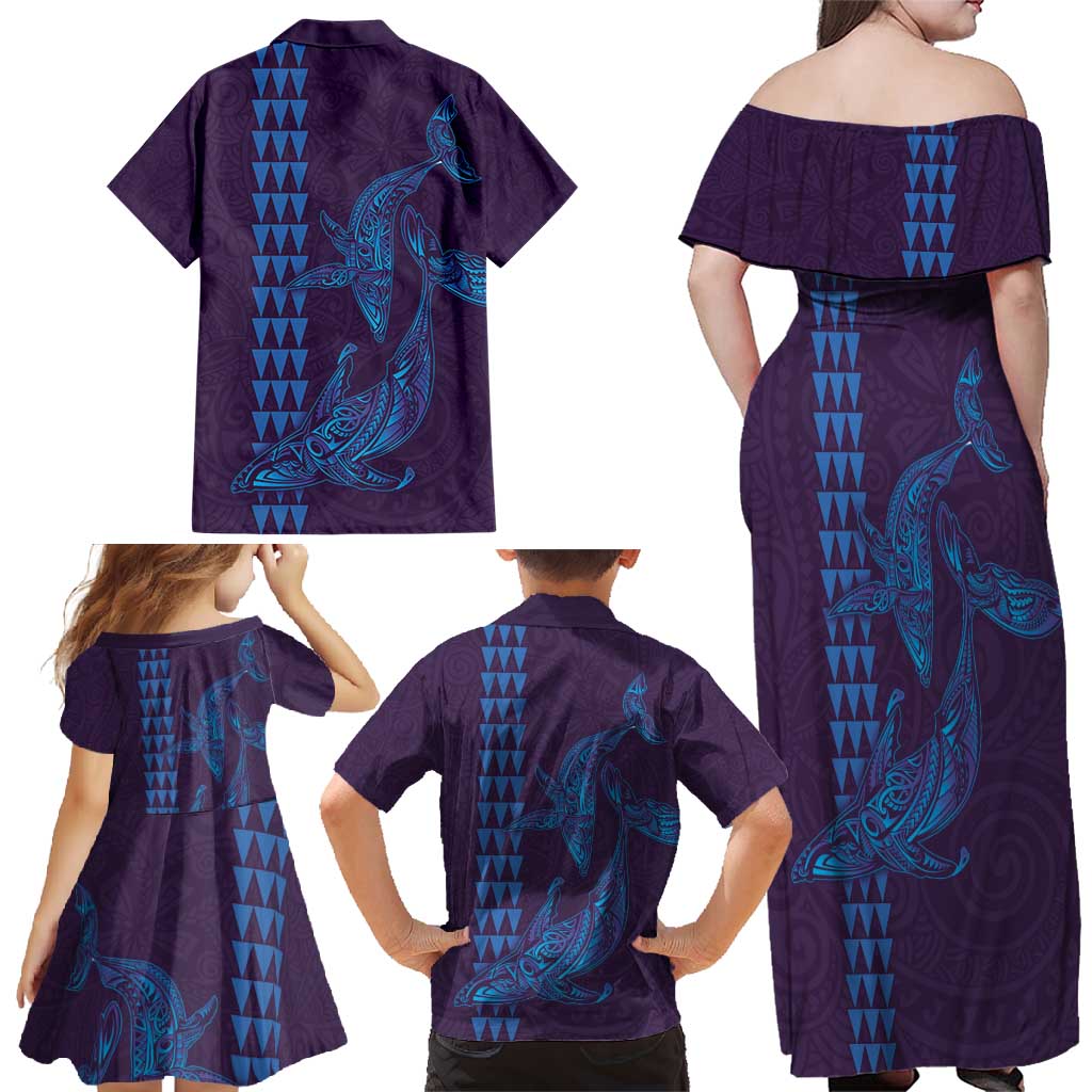Aloha Hawaii Whale Kakau and Polynesian Tattoo Family Matching Off Shoulder Maxi Dress and Hawaiian Shirt Purple Color LT03 - Polynesian Pride