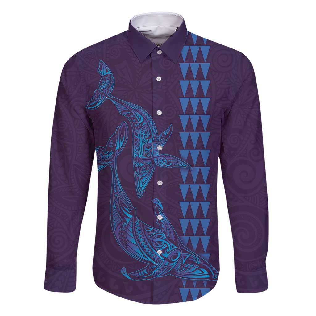 Aloha Hawaii Whale Kakau and Polynesian Tattoo Family Matching Short Sleeve Bodycon Dress and Hawaiian Shirt Purple Color LT03 Dad's Shirt - Long Sleeve Purple - Polynesian Pride