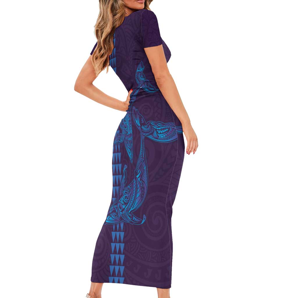 Aloha Hawaii Whale Kakau and Polynesian Tattoo Family Matching Short Sleeve Bodycon Dress and Hawaiian Shirt Purple Color LT03 - Polynesian Pride