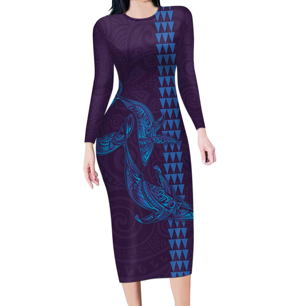 Aloha Hawaii Whale Kakau and Polynesian Tattoo Long Sleeve Bodycon Dress Purple Color LT03 Long Dress Purple - Polynesian Pride