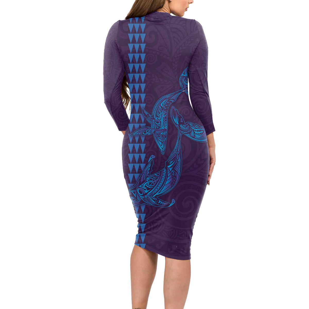 Aloha Hawaii Whale Kakau and Polynesian Tattoo Long Sleeve Bodycon Dress Purple Color LT03 - Polynesian Pride