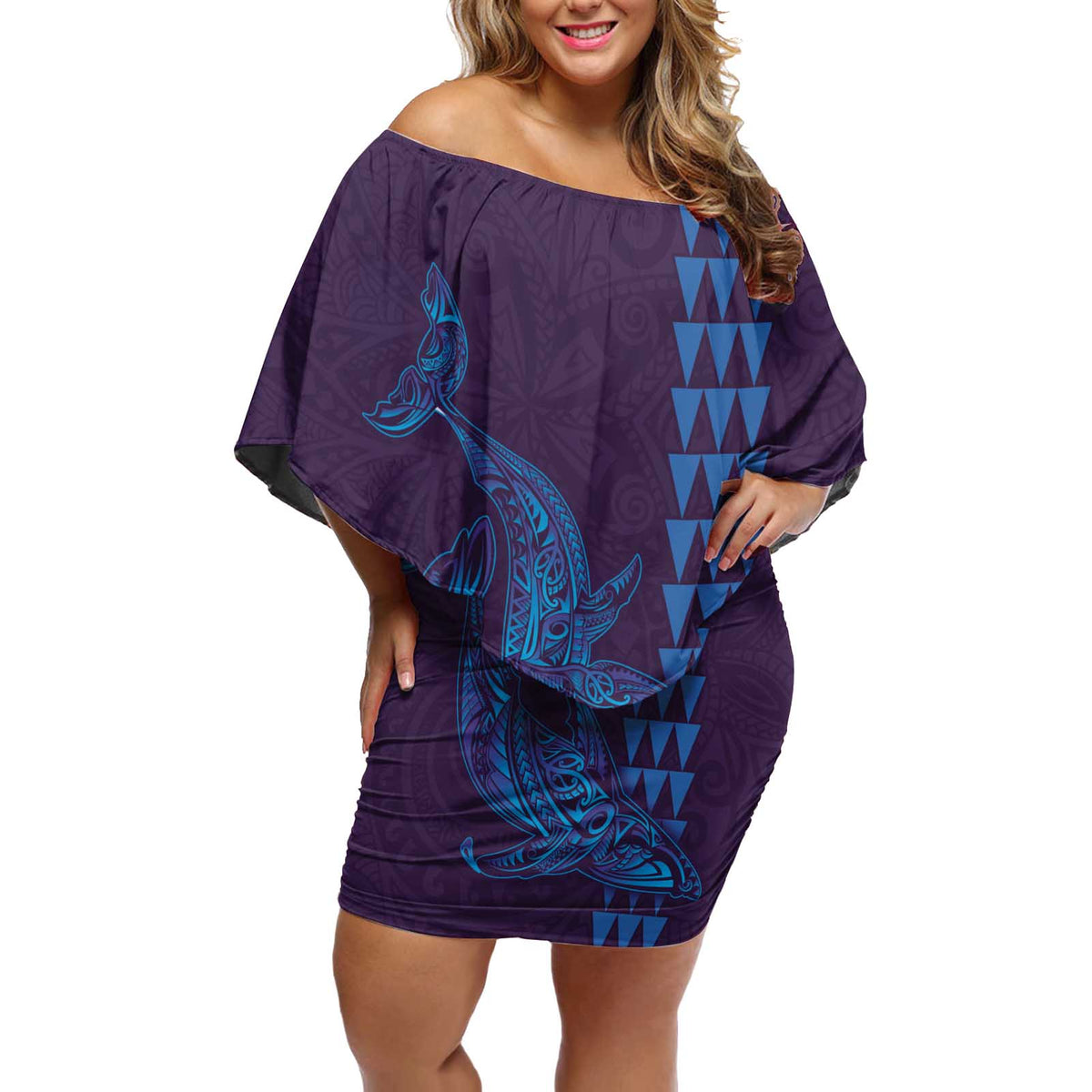 Aloha Hawaii Whale Kakau and Polynesian Tattoo Off Shoulder Short Dress Purple Color LT03 Women Purple - Polynesian Pride