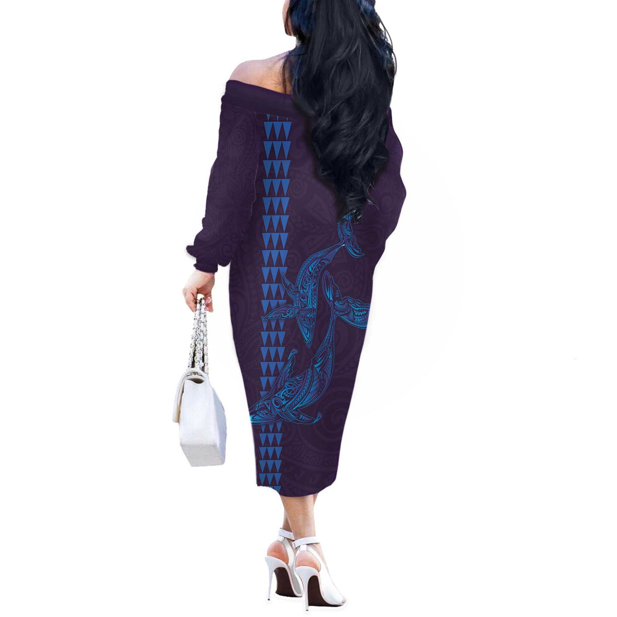 Aloha Hawaii Whale Kakau and Polynesian Tattoo Off The Shoulder Long Sleeve Dress Purple Color LT03 - Polynesian Pride