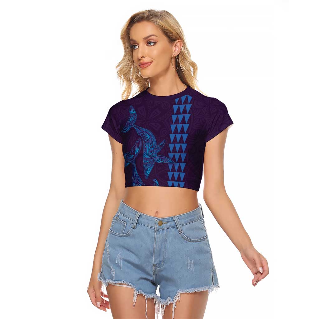 Aloha Hawaii Whale Kakau and Polynesian Tattoo Raglan Cropped T Shirt Purple Color