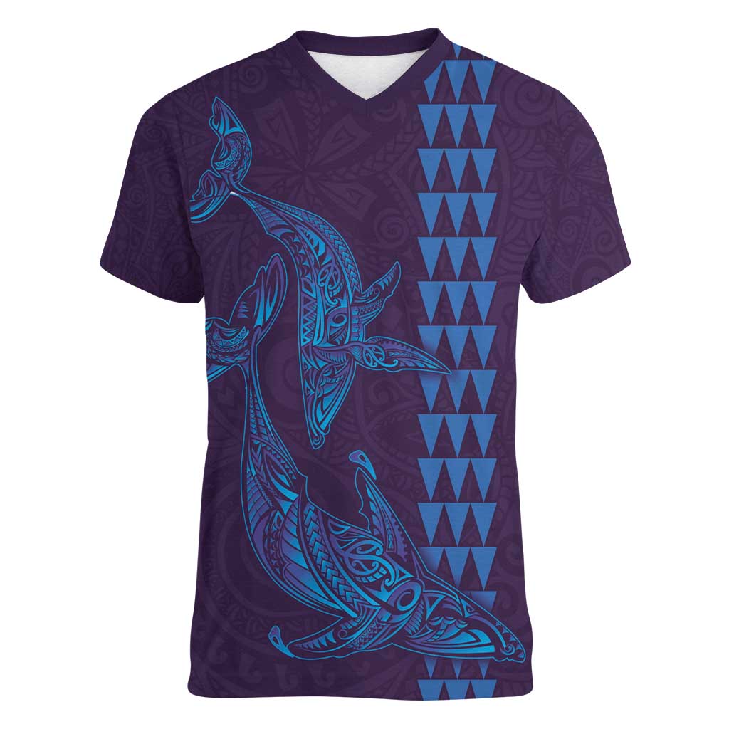 Aloha Hawaii Whale Kakau and Polynesian Tattoo Women V-Neck T-Shirt Purple Color LT03 Female Purple - Polynesian Pride