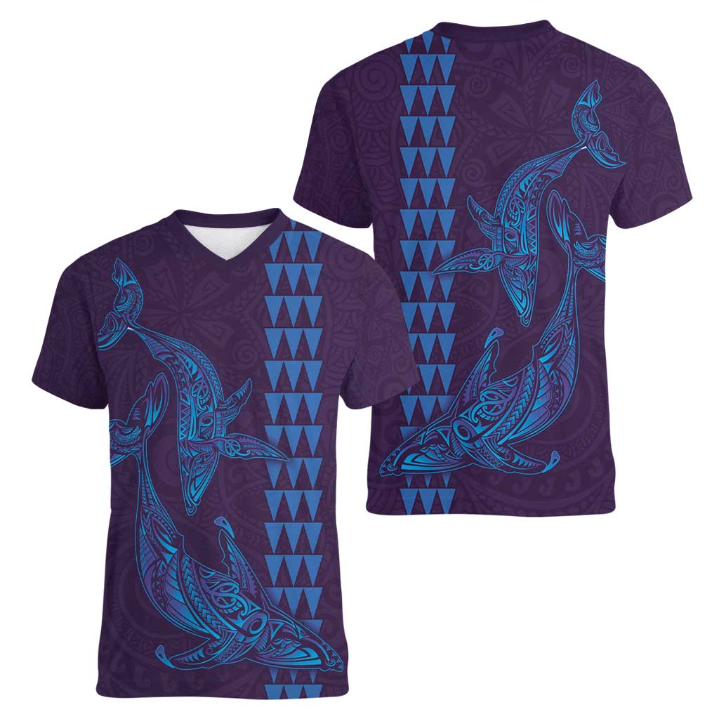 Aloha Hawaii Whale Kakau and Polynesian Tattoo Women V-Neck T-Shirt Purple Color LT03 - Polynesian Pride