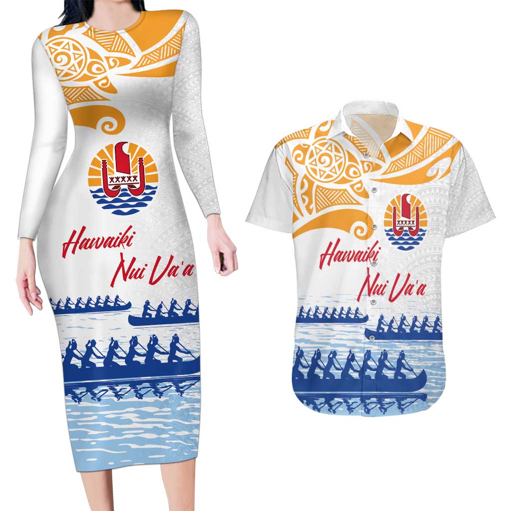 Personalised Hawaiki Nui Va'a French Polynesian Pattern Couples Matching Long Sleeve Bodycon Dress and Hawaiian Shirt White Color LT03 White - Polynesian Pride
