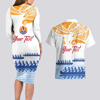 Personalised Hawaiki Nui Va'a French Polynesian Pattern Couples Matching Long Sleeve Bodycon Dress and Hawaiian Shirt White Color LT03 - Polynesian Pride