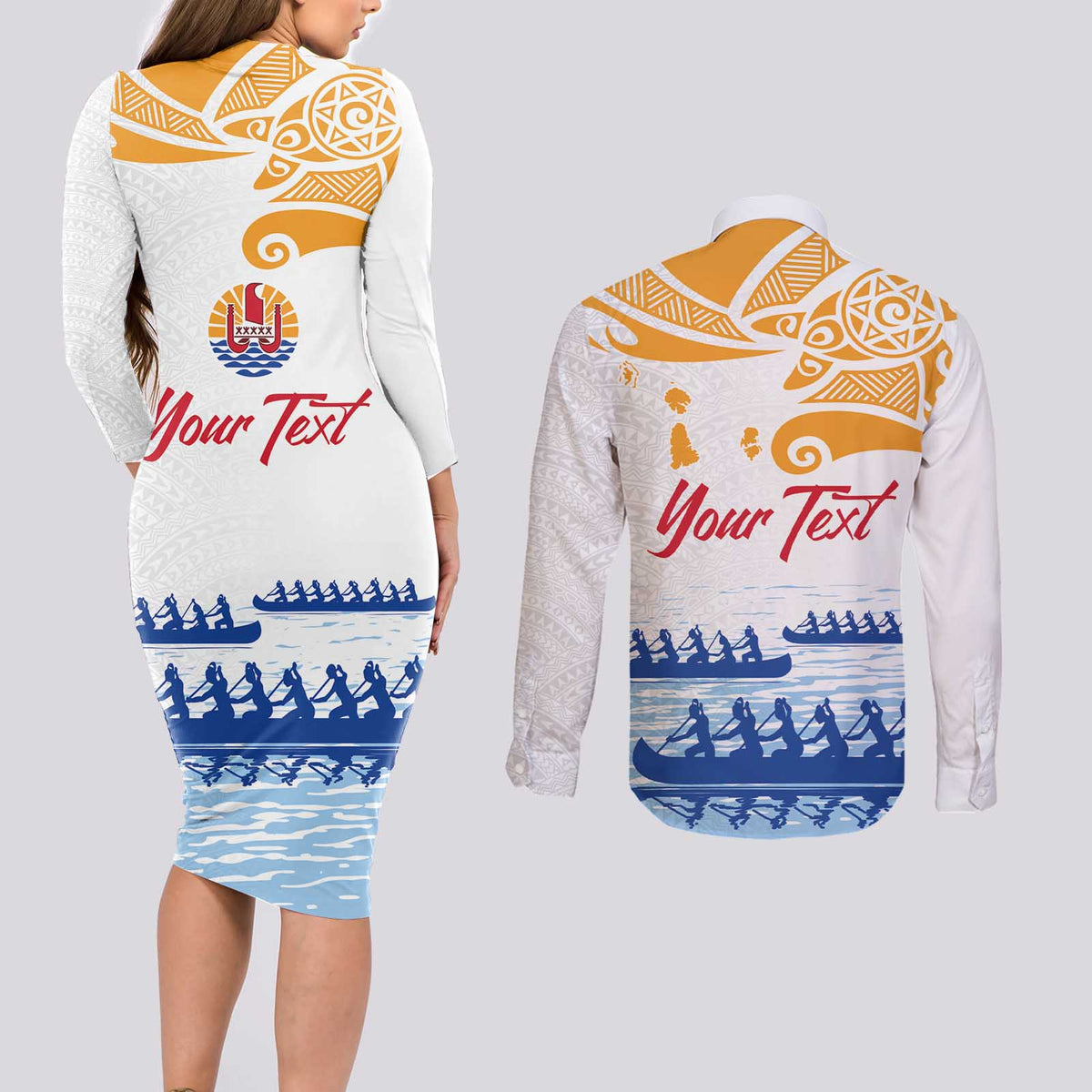 Personalised Hawaiki Nui Va'a French Polynesian Pattern Couples Matching Long Sleeve Bodycon Dress and Long Sleeve Button Shirt White Color LT03 - Polynesian Pride