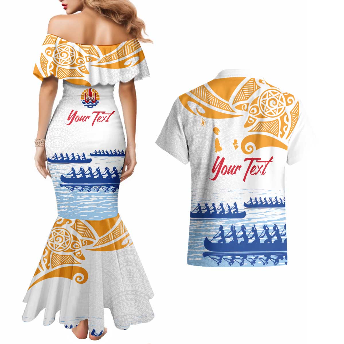 Personalised Hawaiki Nui Va'a French Polynesian Pattern Couples Matching Mermaid Dress and Hawaiian Shirt White Color LT03 - Polynesian Pride