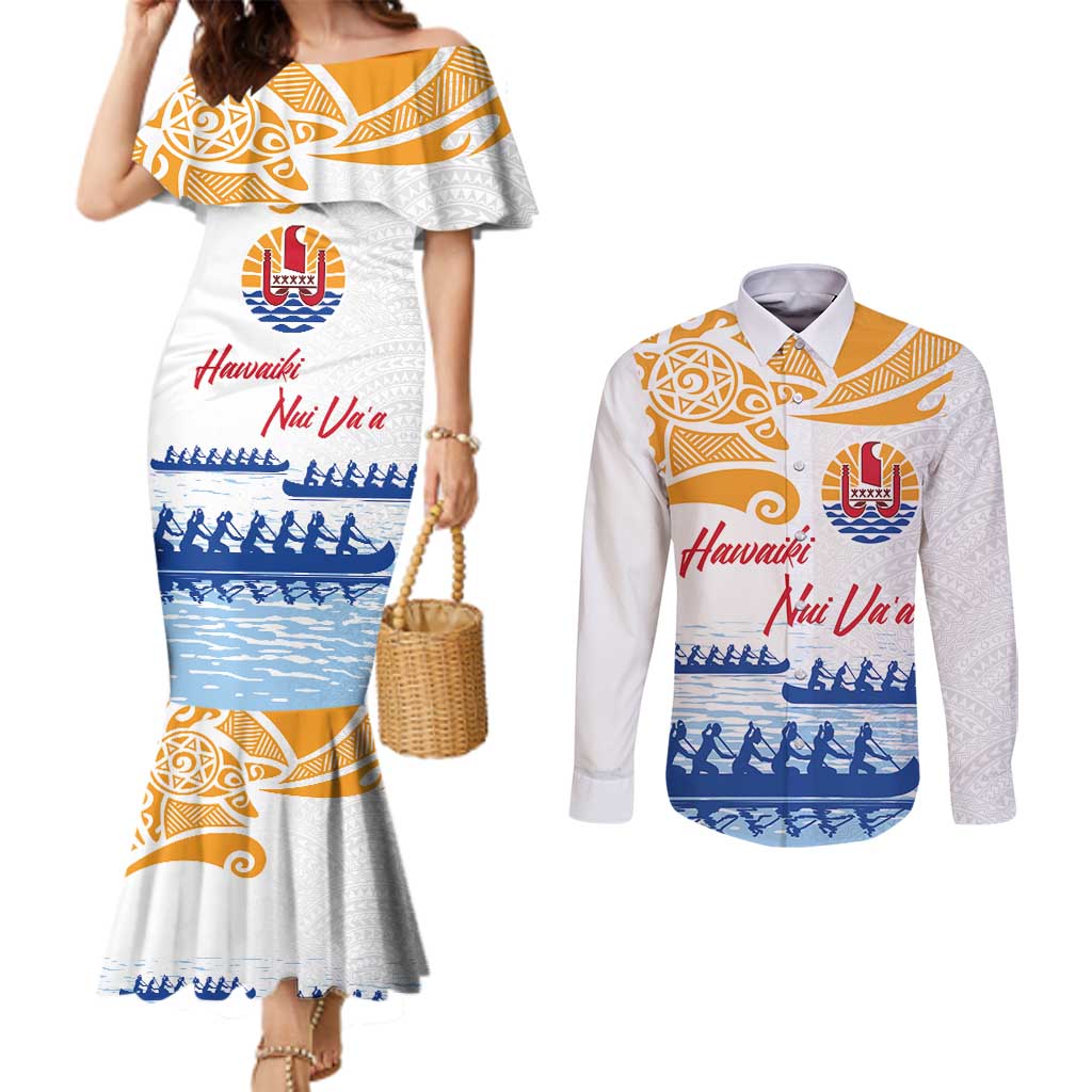 Personalised Hawaiki Nui Va'a French Polynesian Pattern Couples Matching Mermaid Dress and Long Sleeve Button Shirt White Color LT03 White - Polynesian Pride