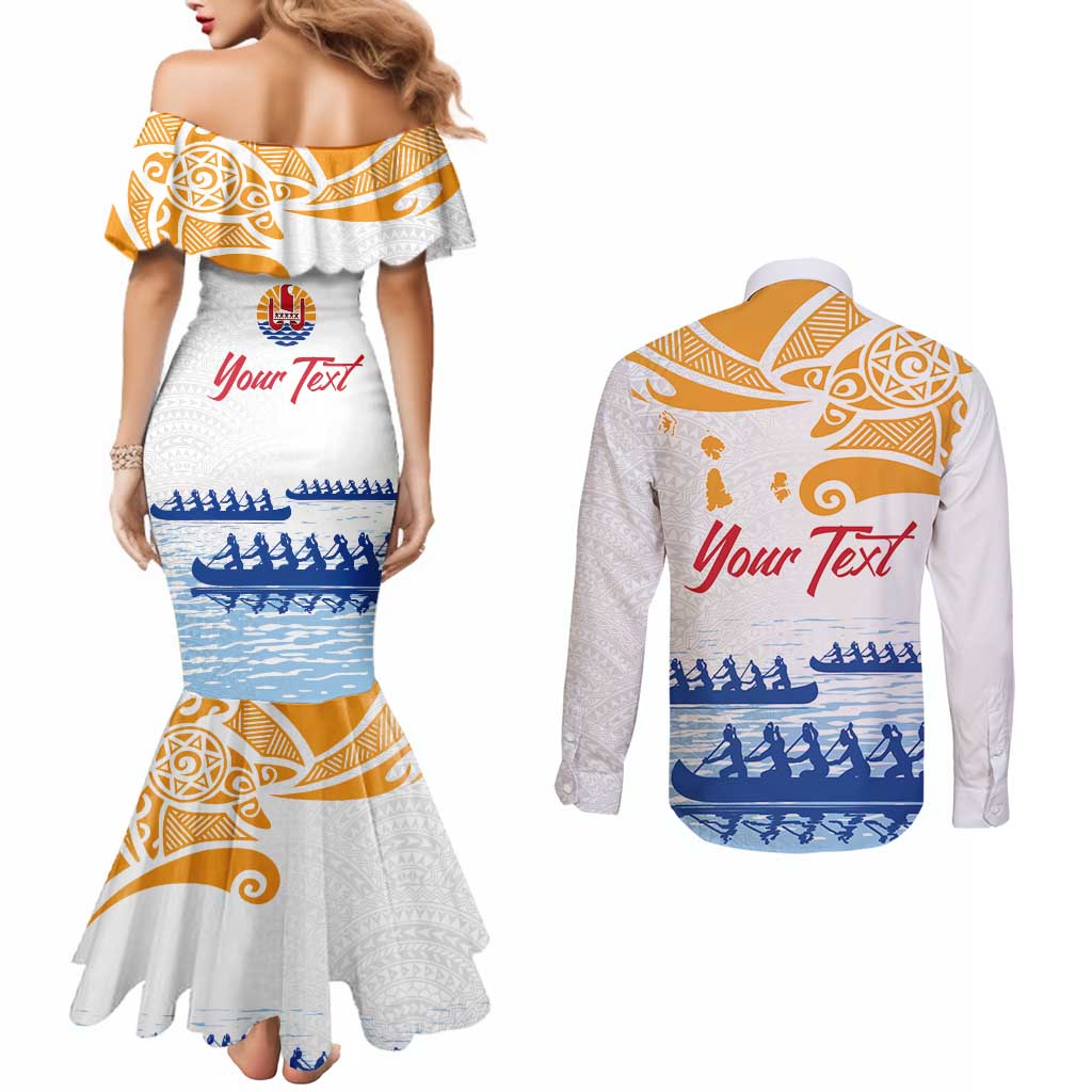 Personalised Hawaiki Nui Va'a French Polynesian Pattern Couples Matching Mermaid Dress and Long Sleeve Button Shirt White Color LT03 - Polynesian Pride