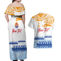 Personalised Hawaiki Nui Va'a French Polynesian Pattern Couples Matching Off Shoulder Maxi Dress and Hawaiian Shirt White Color LT03 - Polynesian Pride