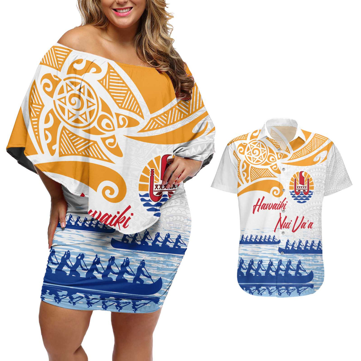 Personalised Hawaiki Nui Va'a French Polynesian Pattern Couples Matching Off Shoulder Short Dress and Hawaiian Shirt White Color LT03 White - Polynesian Pride