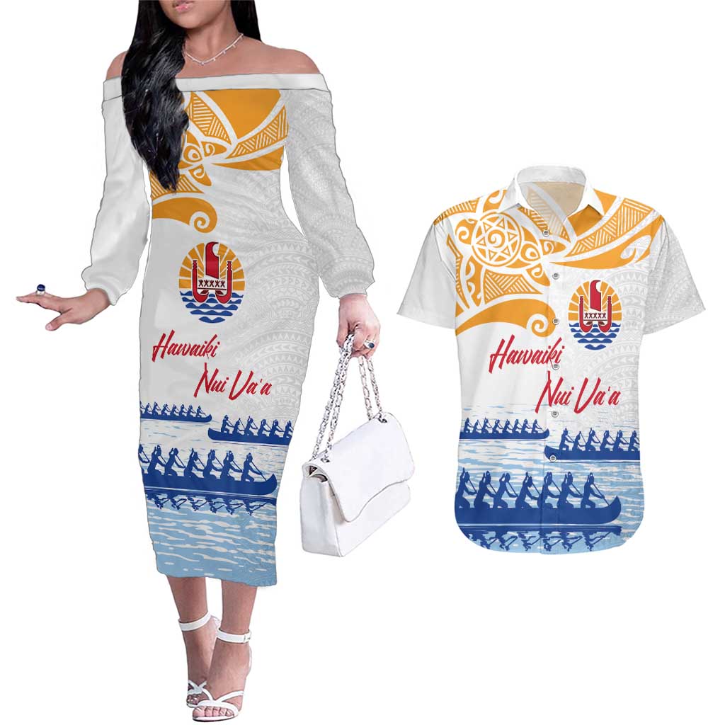 Personalised Hawaiki Nui Va'a French Polynesian Pattern Couples Matching Off The Shoulder Long Sleeve Dress and Hawaiian Shirt White Color LT03 White - Polynesian Pride