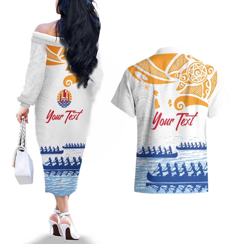 Personalised Hawaiki Nui Va'a French Polynesian Pattern Couples Matching Off The Shoulder Long Sleeve Dress and Hawaiian Shirt White Color LT03 - Polynesian Pride