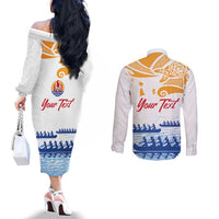 Personalised Hawaiki Nui Va'a French Polynesian Pattern Couples Matching Off The Shoulder Long Sleeve Dress and Long Sleeve Button Shirt White Color LT03 - Polynesian Pride