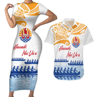 Personalised Hawaiki Nui Va'a French Polynesian Pattern Couples Matching Short Sleeve Bodycon Dress and Hawaiian Shirt White Color LT03 White - Polynesian Pride