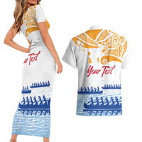 Personalised Hawaiki Nui Va'a French Polynesian Pattern Couples Matching Short Sleeve Bodycon Dress and Hawaiian Shirt White Color LT03 - Polynesian Pride