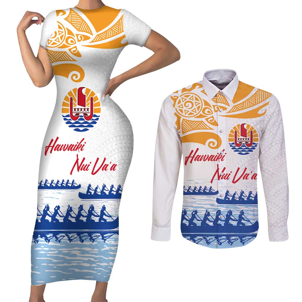 Personalised Hawaiki Nui Va'a French Polynesian Pattern Couples Matching Short Sleeve Bodycon Dress and Long Sleeve Button Shirt White Color LT03 White - Polynesian Pride