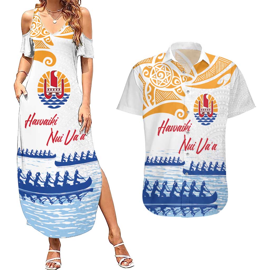 Personalised Hawaiki Nui Va'a French Polynesian Pattern Couples Matching Summer Maxi Dress and Hawaiian Shirt White Color LT03 White - Polynesian Pride
