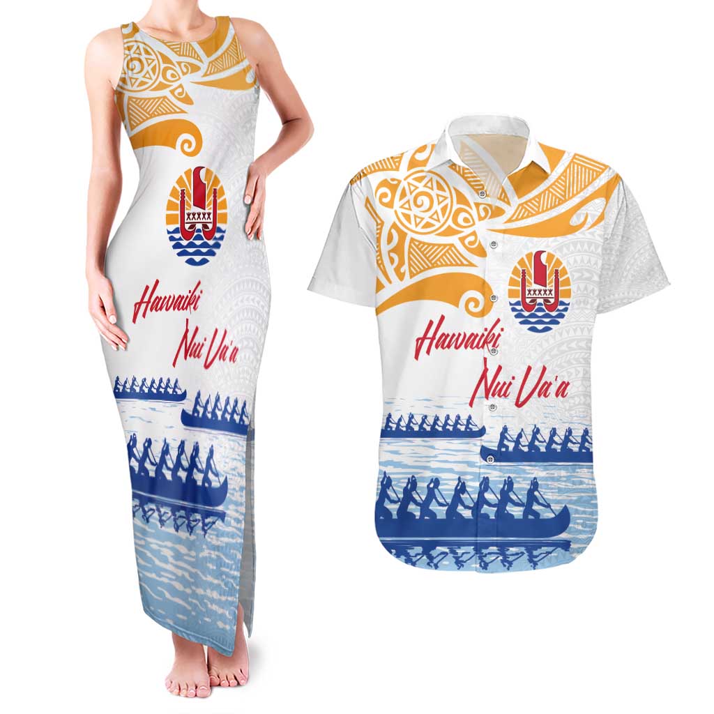 Personalised Hawaiki Nui Va'a French Polynesian Pattern Couples Matching Tank Maxi Dress and Hawaiian Shirt White Color LT03 White - Polynesian Pride
