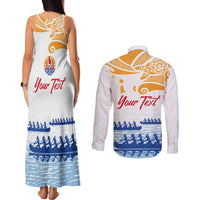 Personalised Hawaiki Nui Va'a French Polynesian Pattern Couples Matching Tank Maxi Dress and Long Sleeve Button Shirt White Color LT03 - Polynesian Pride