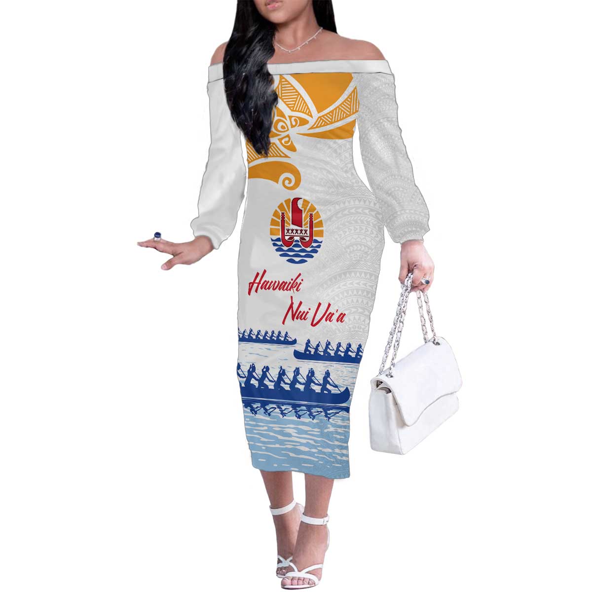 Personalised Hawaiki Nui Va'a French Polynesian Pattern Family Matching Off The Shoulder Long Sleeve Dress and Hawaiian Shirt White Color LT03 Mom's Dress White - Polynesian Pride