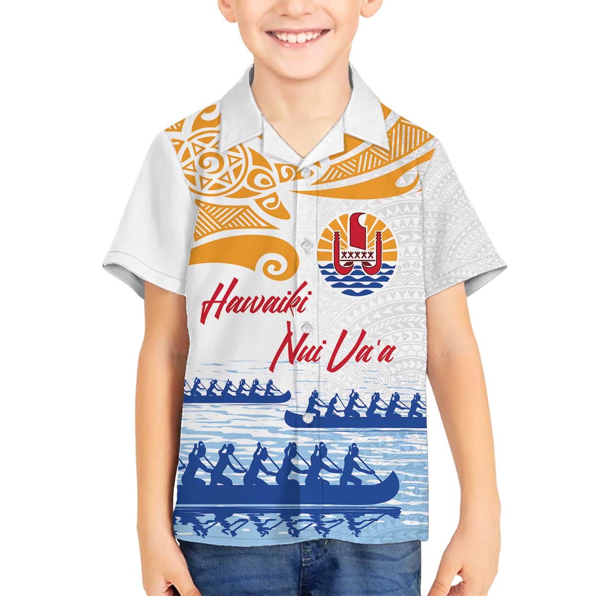 Personalised Hawaiki Nui Va'a French Polynesian Pattern Family Matching Off The Shoulder Long Sleeve Dress and Hawaiian Shirt White Color LT03 Son's Shirt White - Polynesian Pride